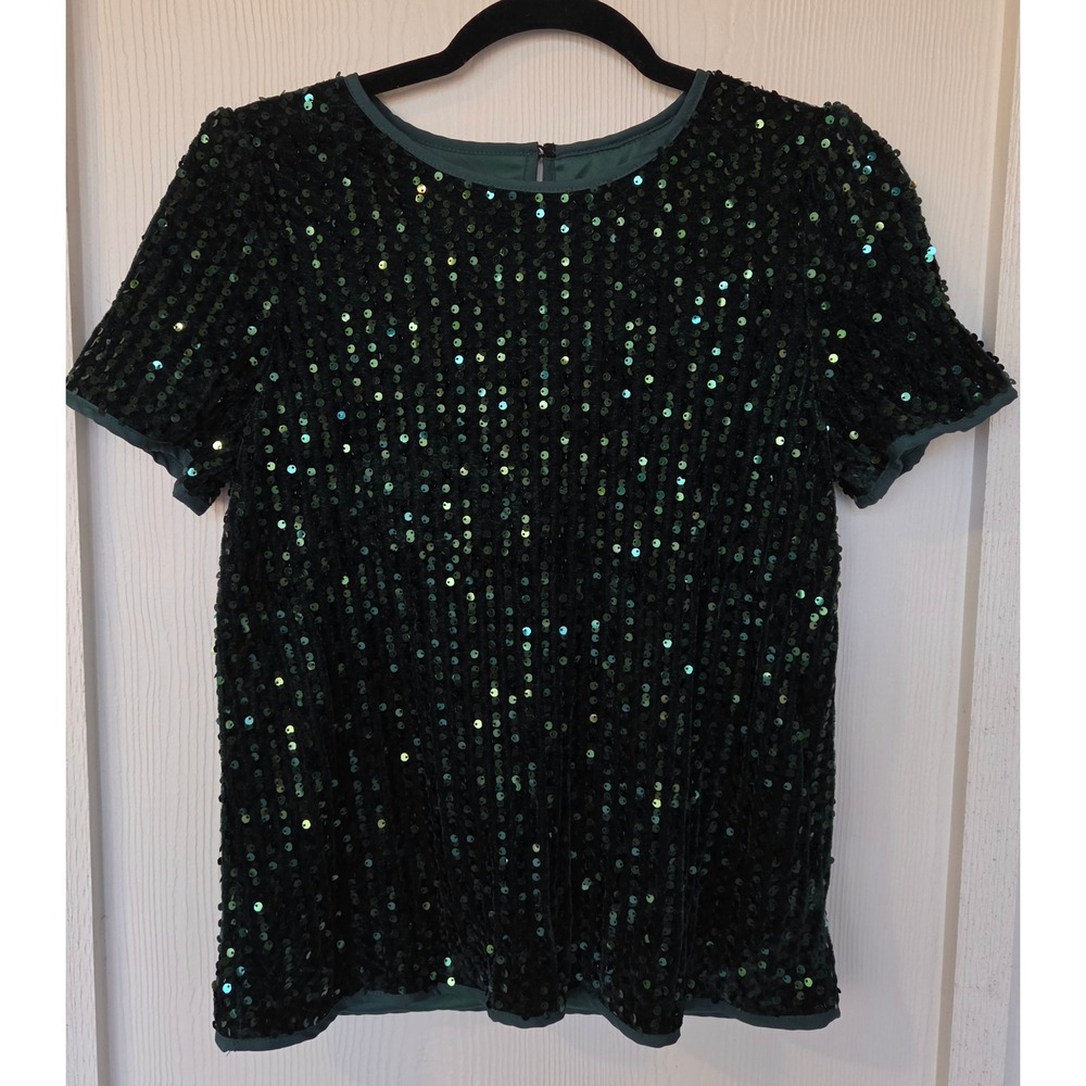 Dark Green Sequin Short Sleeve Keyhole Back Top Sz S Festive Party Holidays Glam